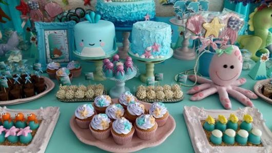 Festa Pequena Sereia decoração com cupcakes