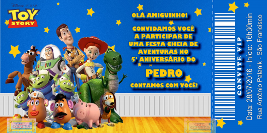 Festa Toy Story convite ingresso azul