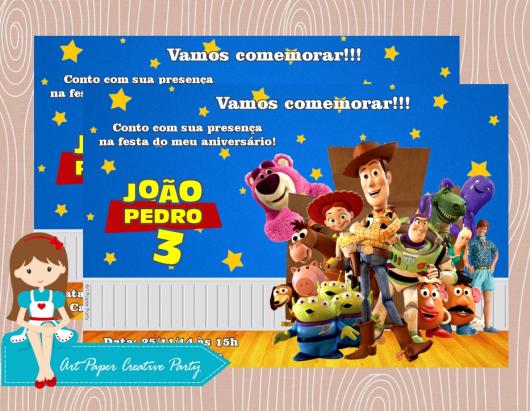 Festa Toy Story convite cartão personalizado com fundo azul