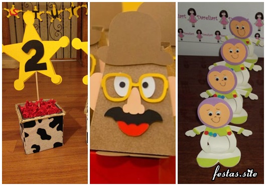 Festa Toy Story lembrancinha cachepot com doces, porta bom Buzz, e porta doces de papel craft