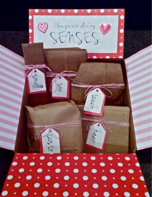 Caixa Surpresa para Namorado com tag especificando o sentido de cada presente