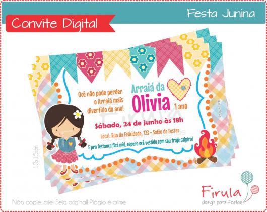 Festa Junina Infantil convite cartão simples para festa de menina