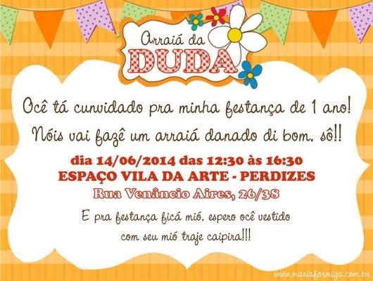 Festa Junina Infantil convite cartão com fundo laranja