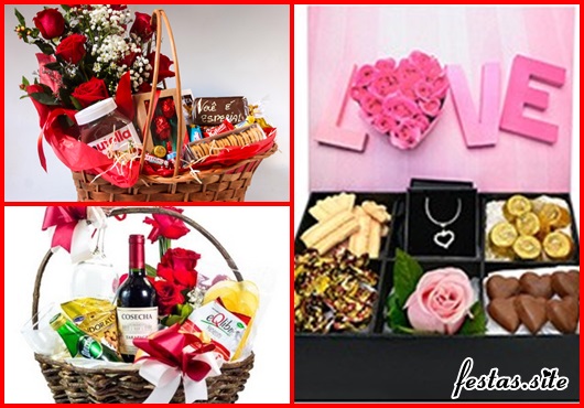 Cesta Dia dos Namorados com chocolate, flores e colar