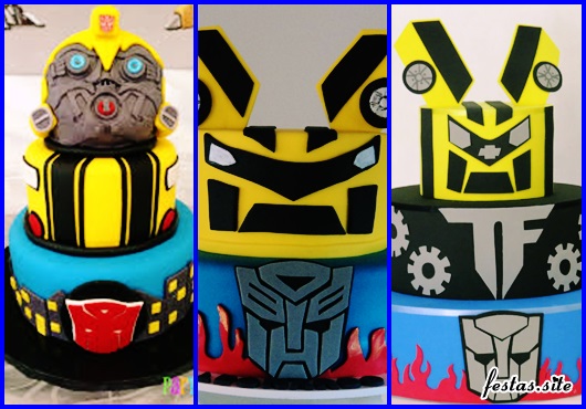 Festa Transformers bolo decorado com apliques da cabeça dos robos