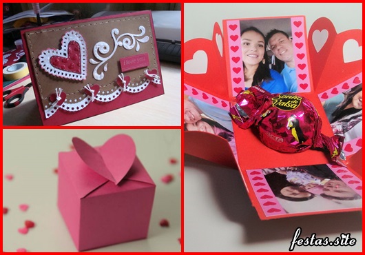 Lembrancinha Dia dos Namorados caixa explosão de papel com bombom e foto do casal