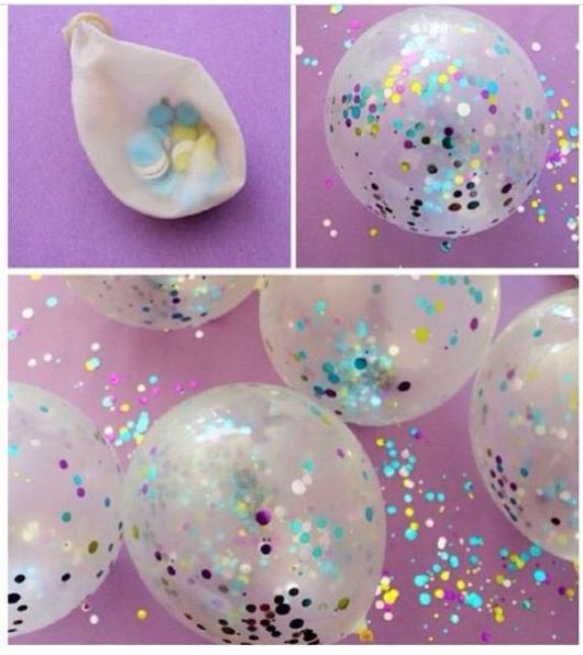 Antes de encher o balão transparente, coloque os confetes de sua preferência