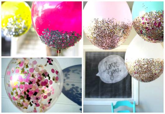 Veja ideia de decoração com glitter nos balões transparentes