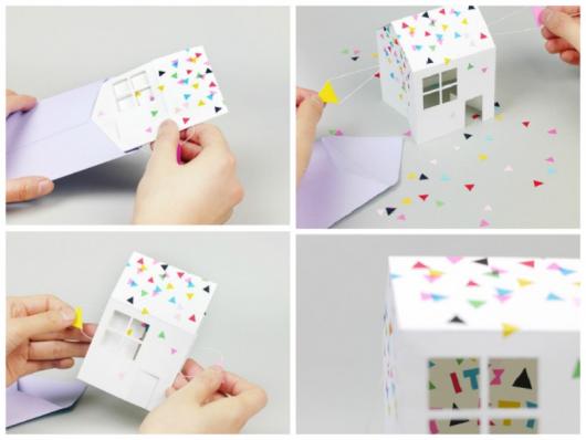 ideia linda de convite com confetes e casinha pop--up