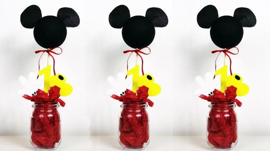 Enfeite de Mesa com vidro e rostinho do Mickey no palito para Festa Mickey