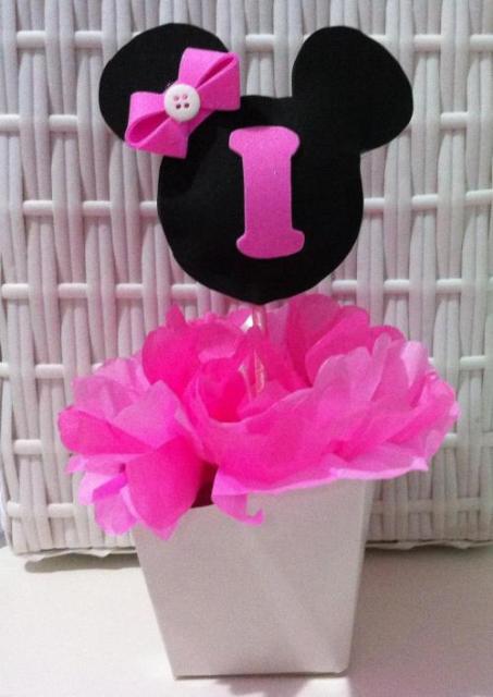 Enfeite de Mesa cachepot preto e rosa para Festa Minnie