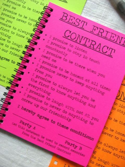 Caderno rosa, com regras de contrato entre melhores amigas.