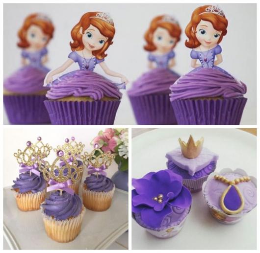 Montagem com três tipos de cupcakes da princesa Sofia.