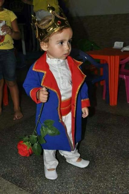 Criança com fantasia Pequeno Príncipe, coroa e rosa.