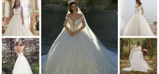 Montagem com cinco modelos diferentes de vestido de noiva rodado.