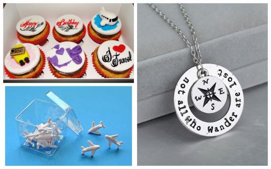 Cupcakes personalizados; colar com bússola; alfinetes em forma de avião