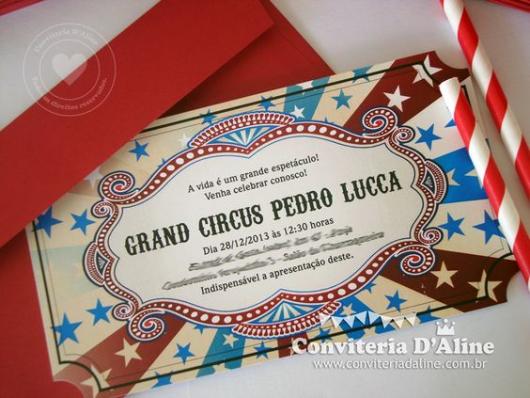 Convite circo vintage com envelope vermelho