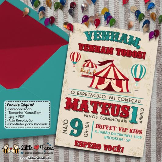 Convite circo vintage com envelope azul
