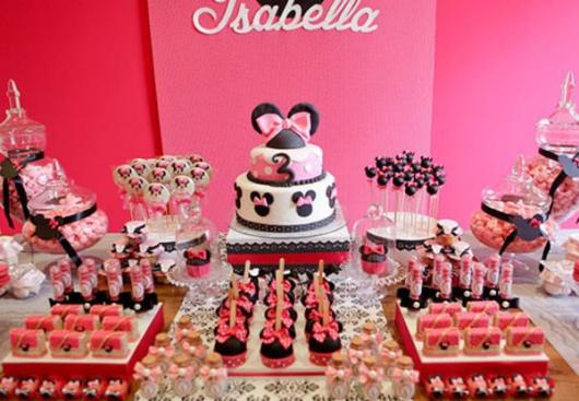 Mesa de Festa Infantil com Tema Minnie decorada com doces personalizados