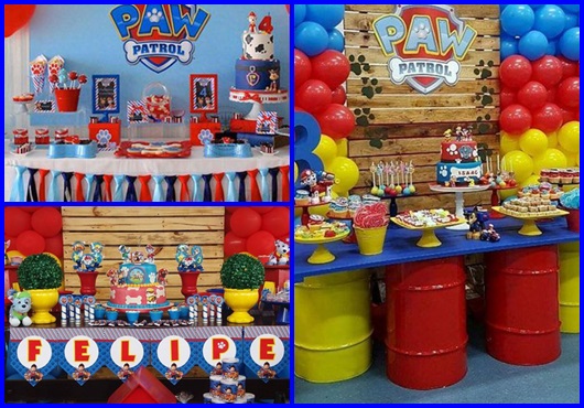 Mesa de Festa Infantil montada com tambores coloridosTema Patrulha Canina 