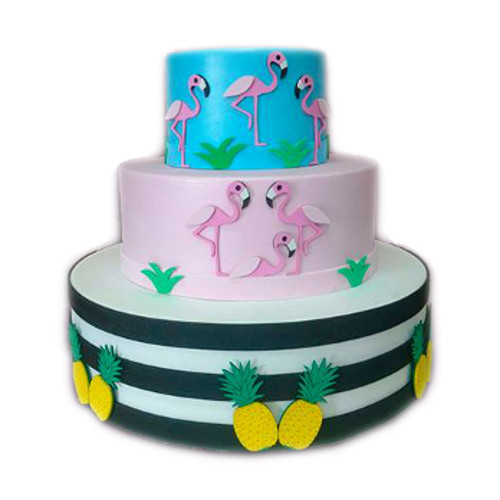 Ideia de bolo falso decorado com flamingos