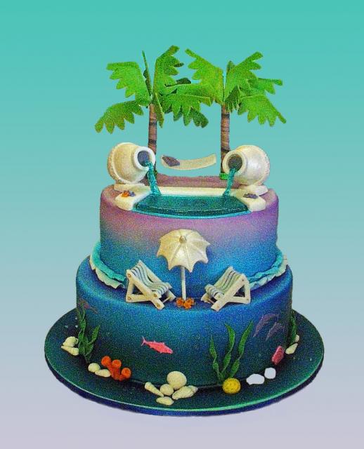 Decoração de bolo tropical com elementos praianos