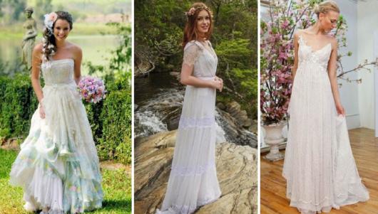 Três opções de vestidos de noiva para casamento no campo