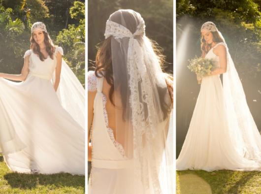 Detalhe de vestido de noiva com véu rendado
