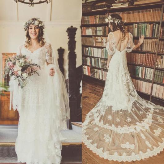 Vestido com cauda rendada para casamento no campo