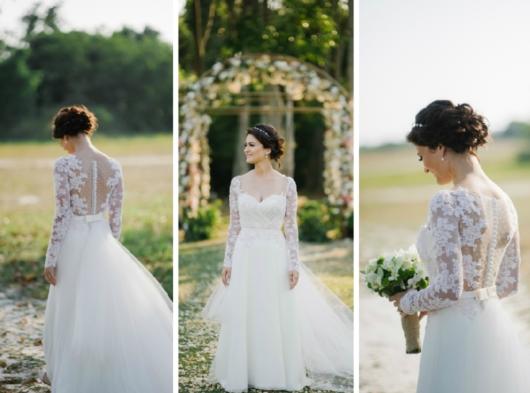 Três opções de vestidos rendados para casamento no campo