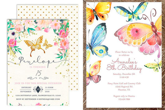 Convite com flores e borboletas coloridas