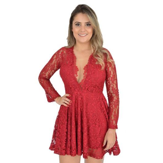Vestido de renda para festa: Curto vermelho com decote