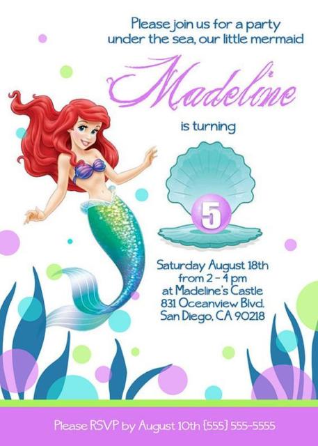 Convite com desenho da Ariel.