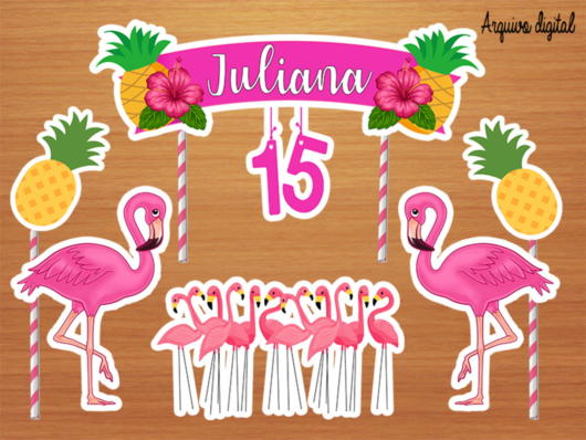 Topo de bolo decorativo para imprimir de flamingos