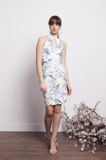 vestido de festa estampado floram com gola alta