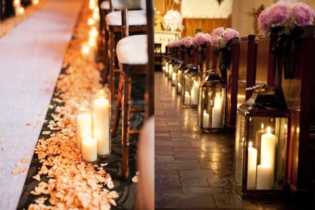 Casamento rústico na igreja decorados com velas