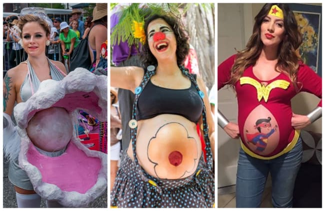 Montagem de fantasia de carnaval para grávidas