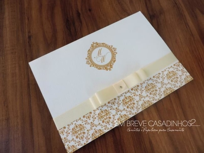 Convite de casamento em papel Rives Linear com laço8