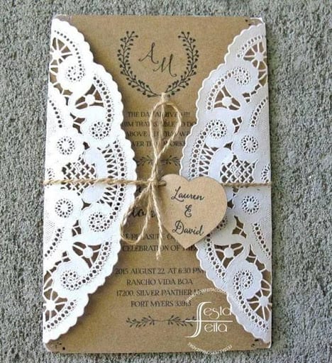 Convite de casamento em papel kraft com renda3