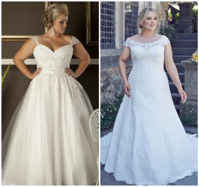 Dois modelos de vestidos de noiva evasê plus size