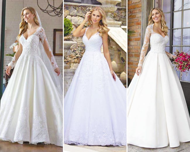 Três modelos de vestidos de noiva evasê