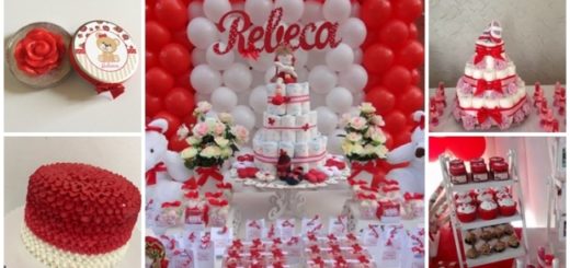 chá de bebê vermelho e branco