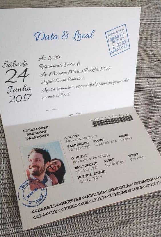 convite de casamento de passaporte